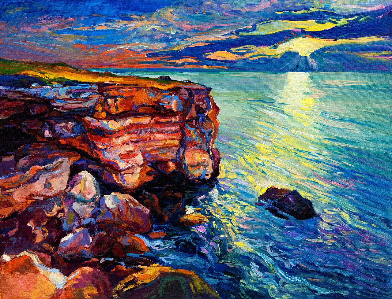 油画的海洋和悬崖在画布上海洋上浓郁的金色日落现代印象主义