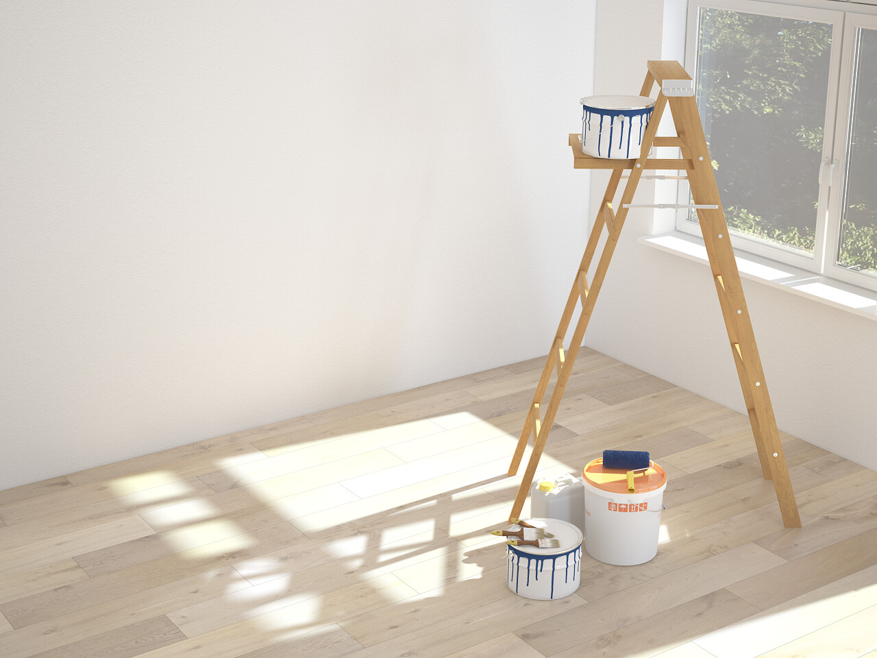 用梯子在房间里粉刷墙壁