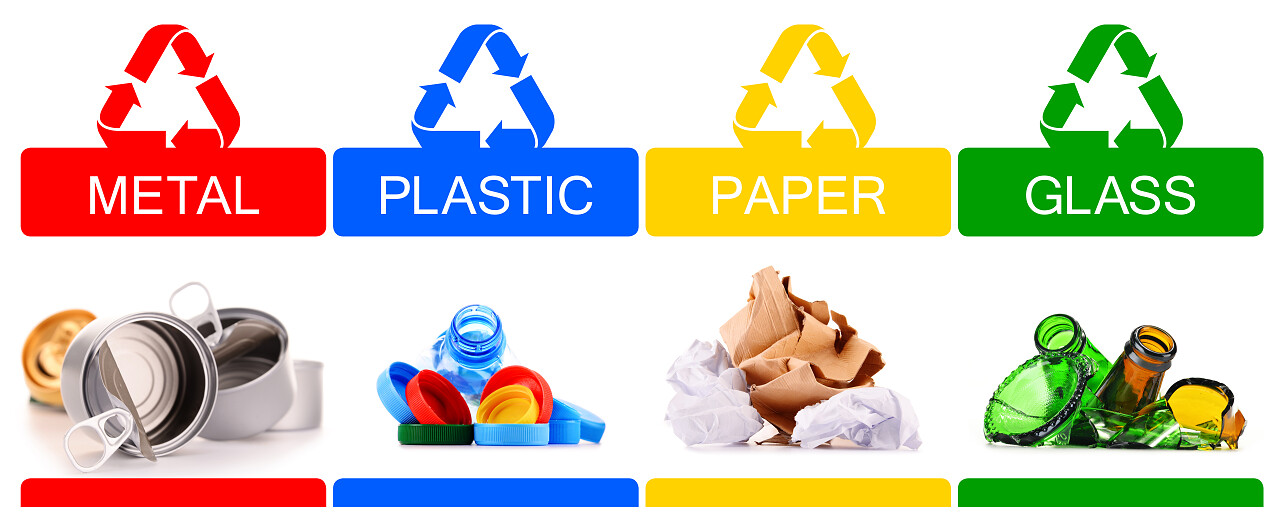 可回收的垃圾组成的玻璃塑料金属和纸上白色背景孤立世界卫生日