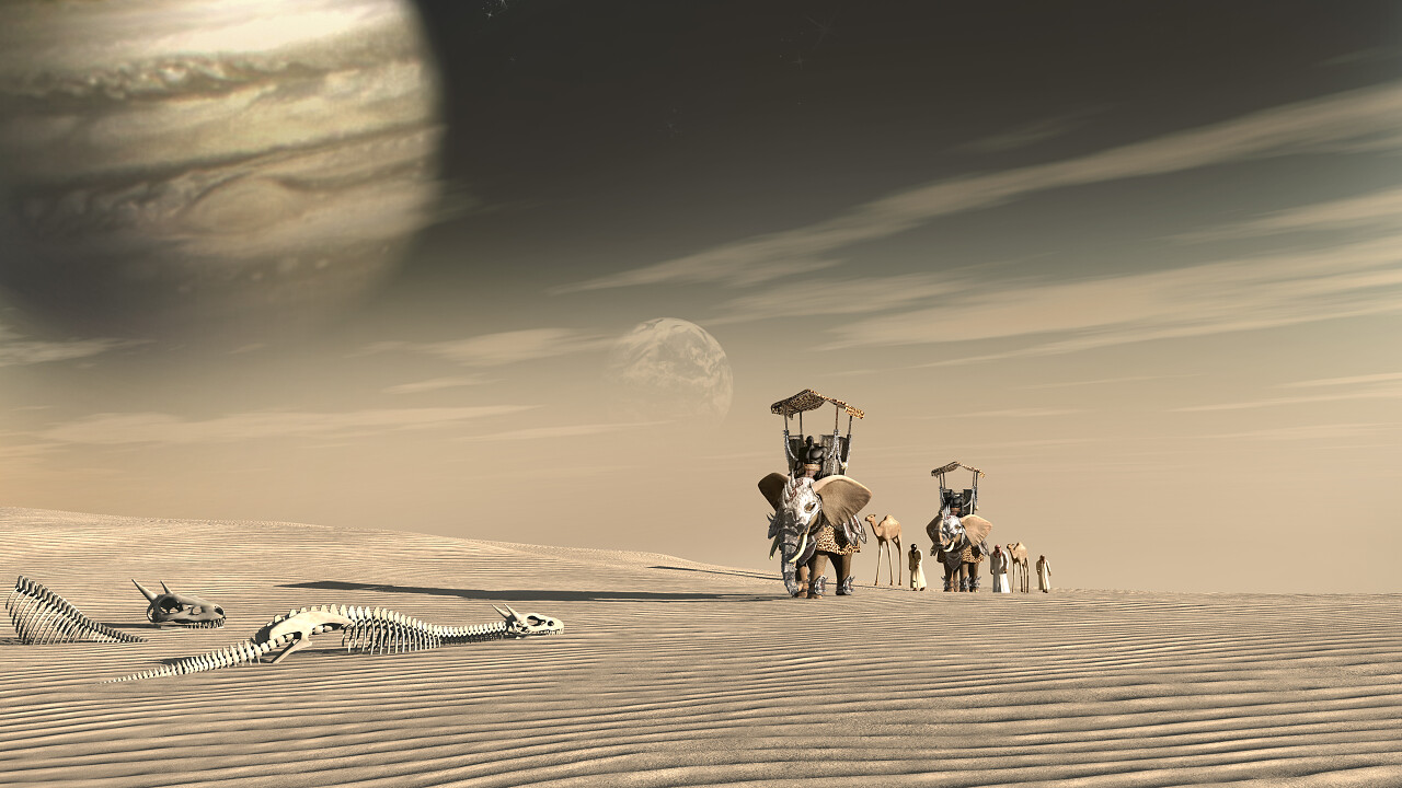 沙漠风光与龙骨和骆驼和大象的车队