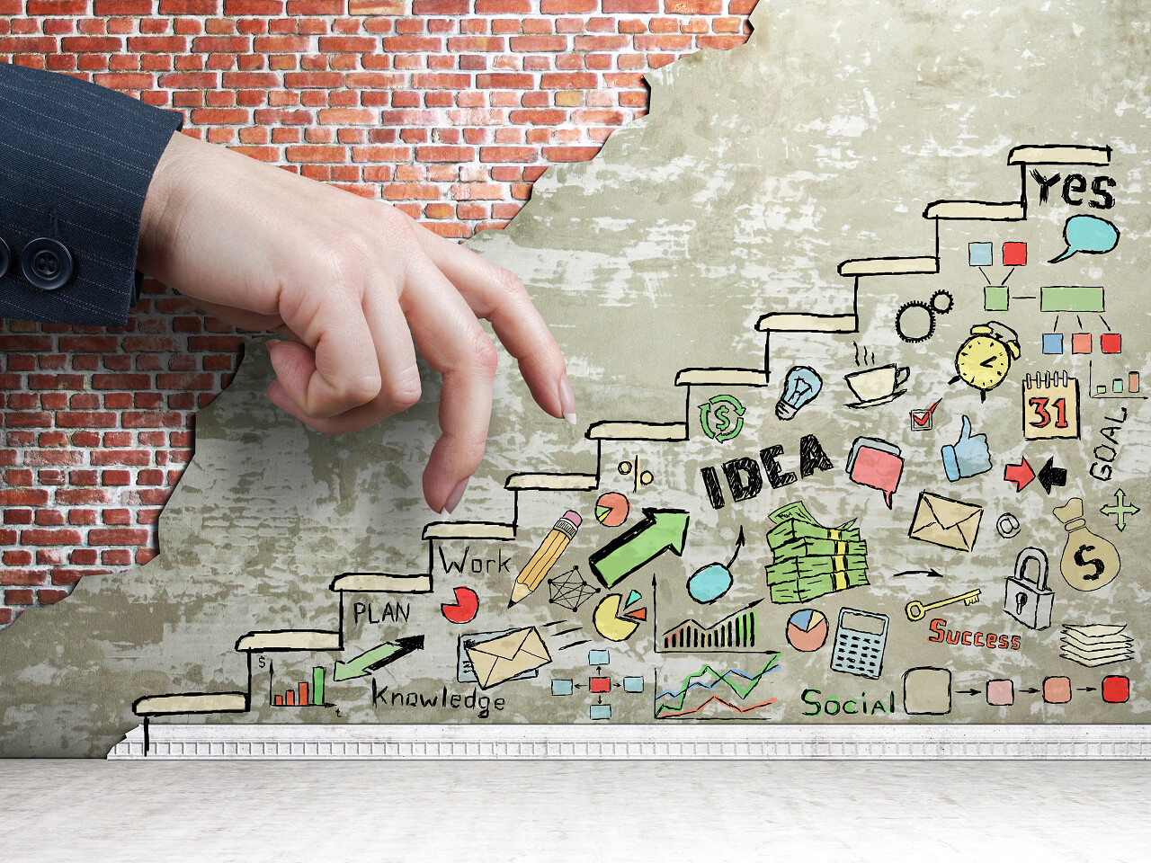 促销理念商人的手去粉刷楼梯