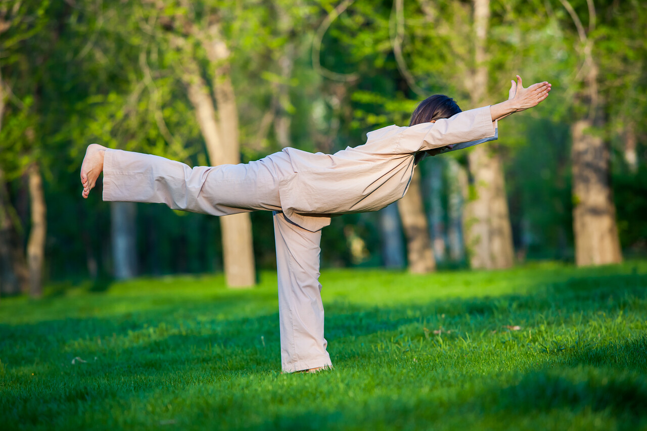 身穿白色瑜伽服的女人在公园附近的松树下练瑜伽户外瑜伽