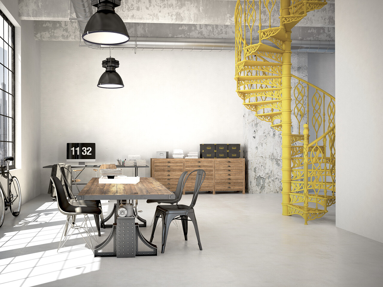 螺旋楼梯和现代3d渲染客厅