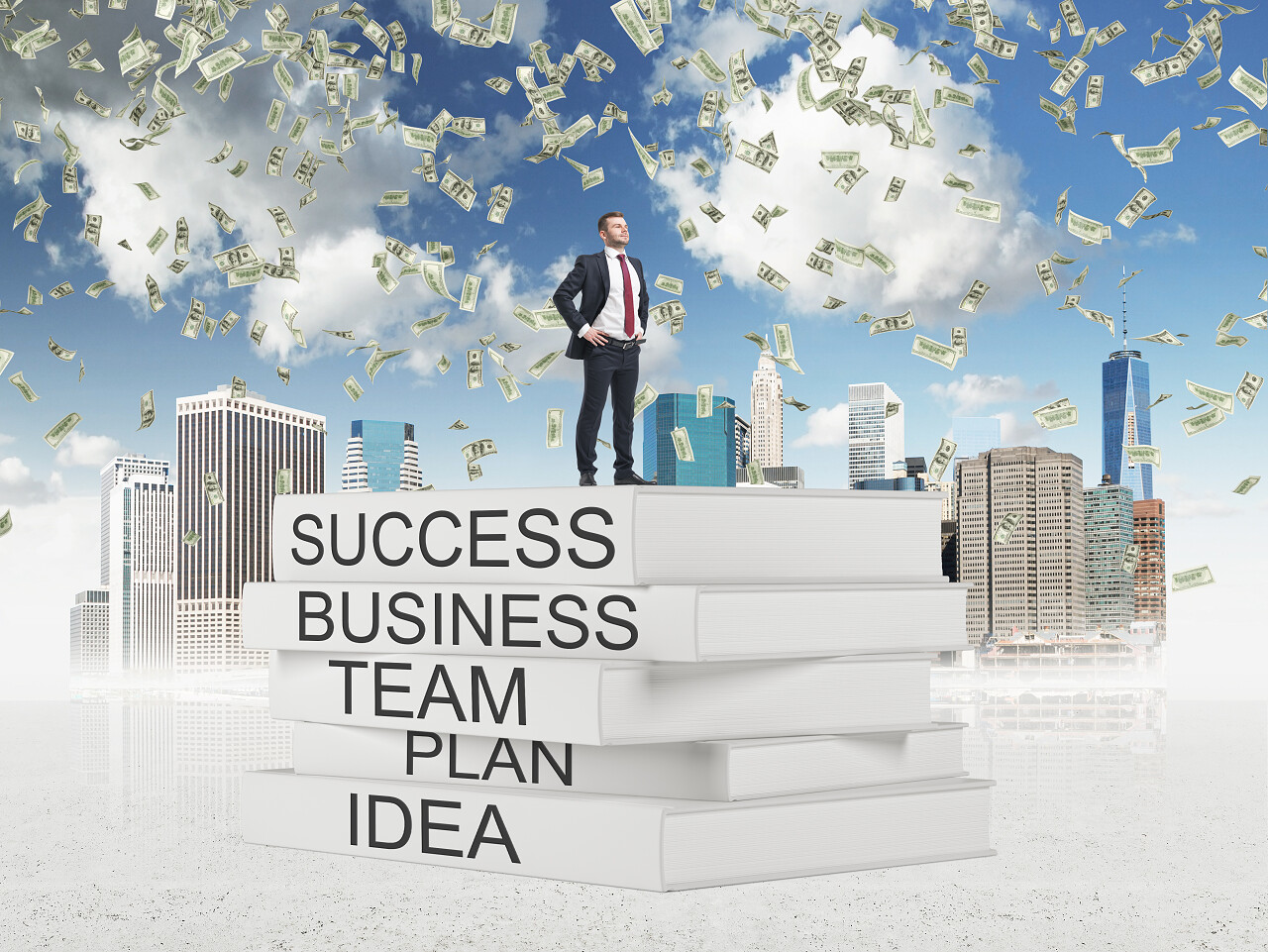 一位穿着正式西装的男子站在书的基座中而港元纸币从天上掉下来