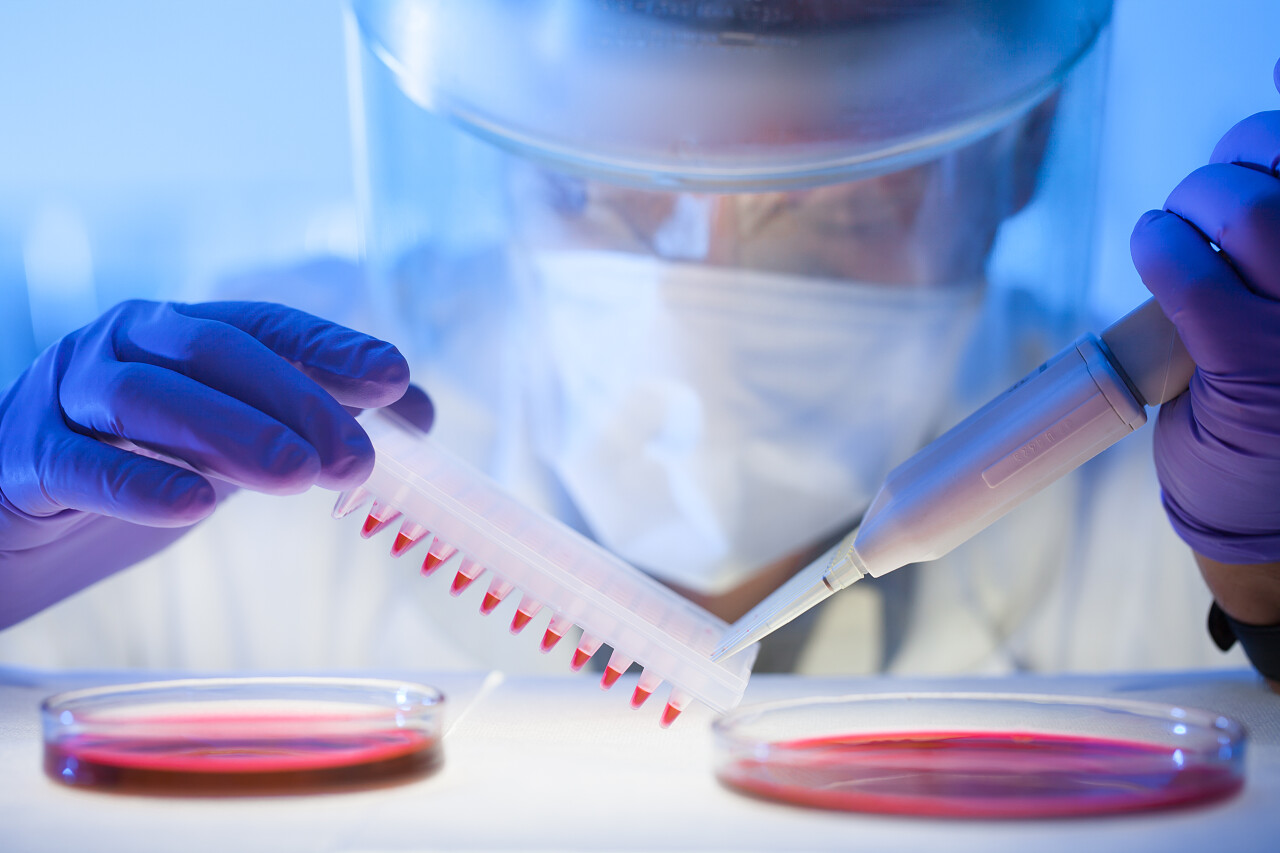 蓝色背景上正在将含HIV感染细胞的人血清载体从培养皿输送到微滴盘上进行高保护程度工作的科技人员