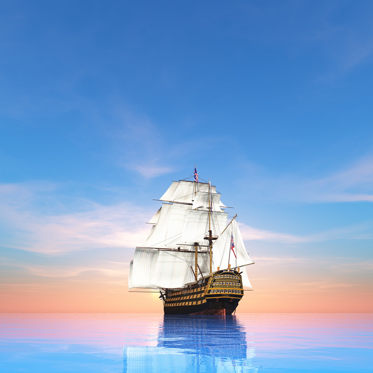 蓝色渐变的大海上矗立一个正在行走的帆船蓝色大海杨帆起航