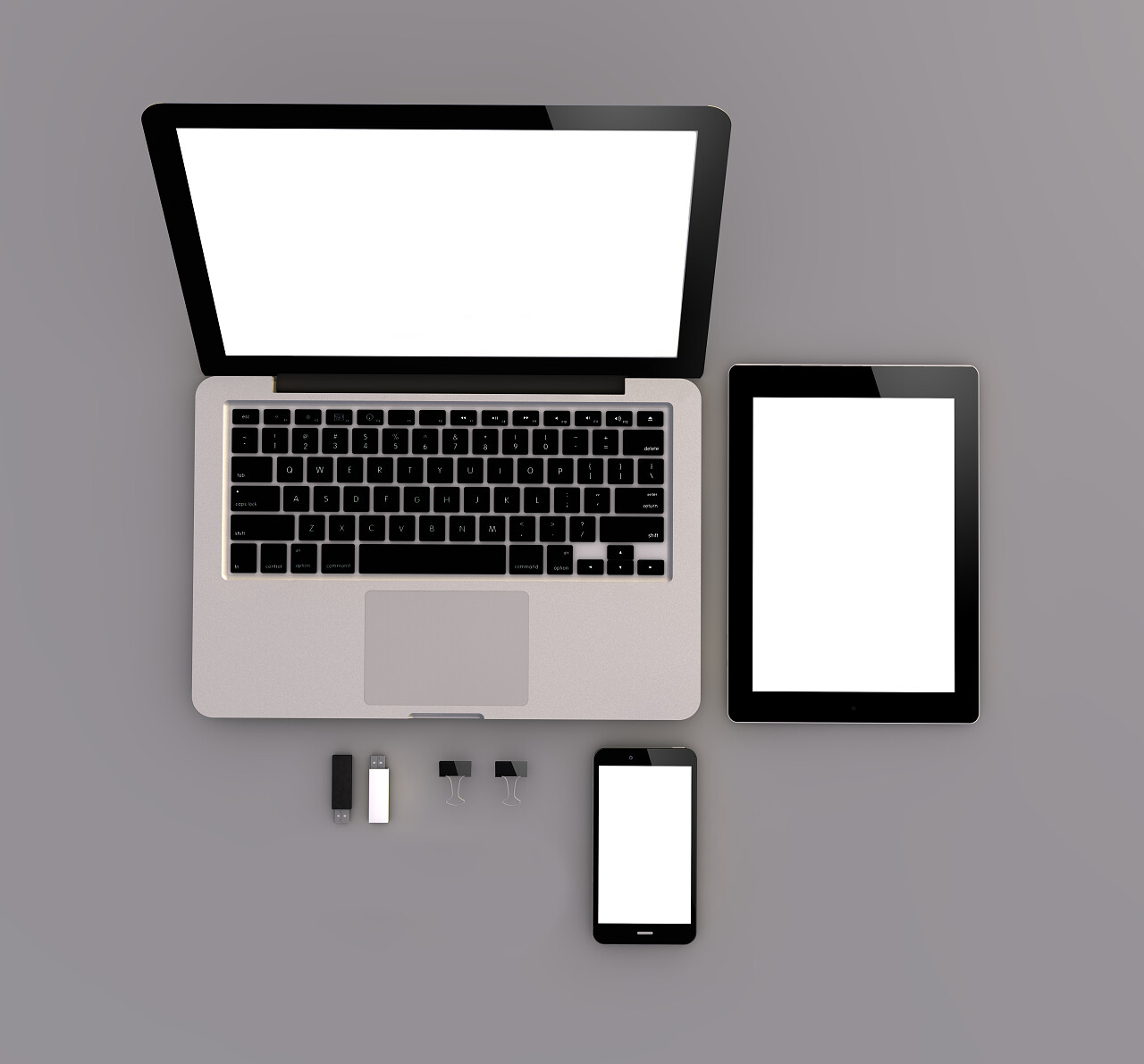 灰色背景3D笔记本电脑平板电脑和触摸屏智能手机的顶视图