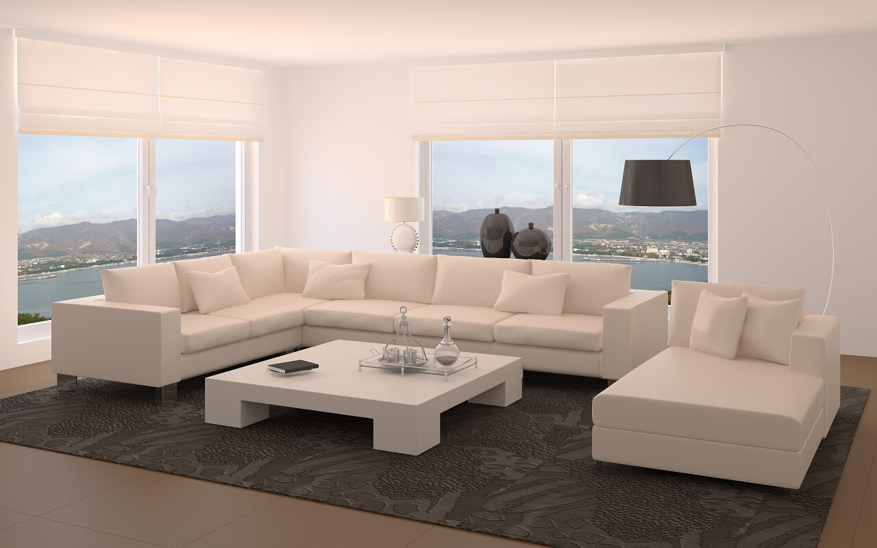3D渲染室内白色家具现代客厅