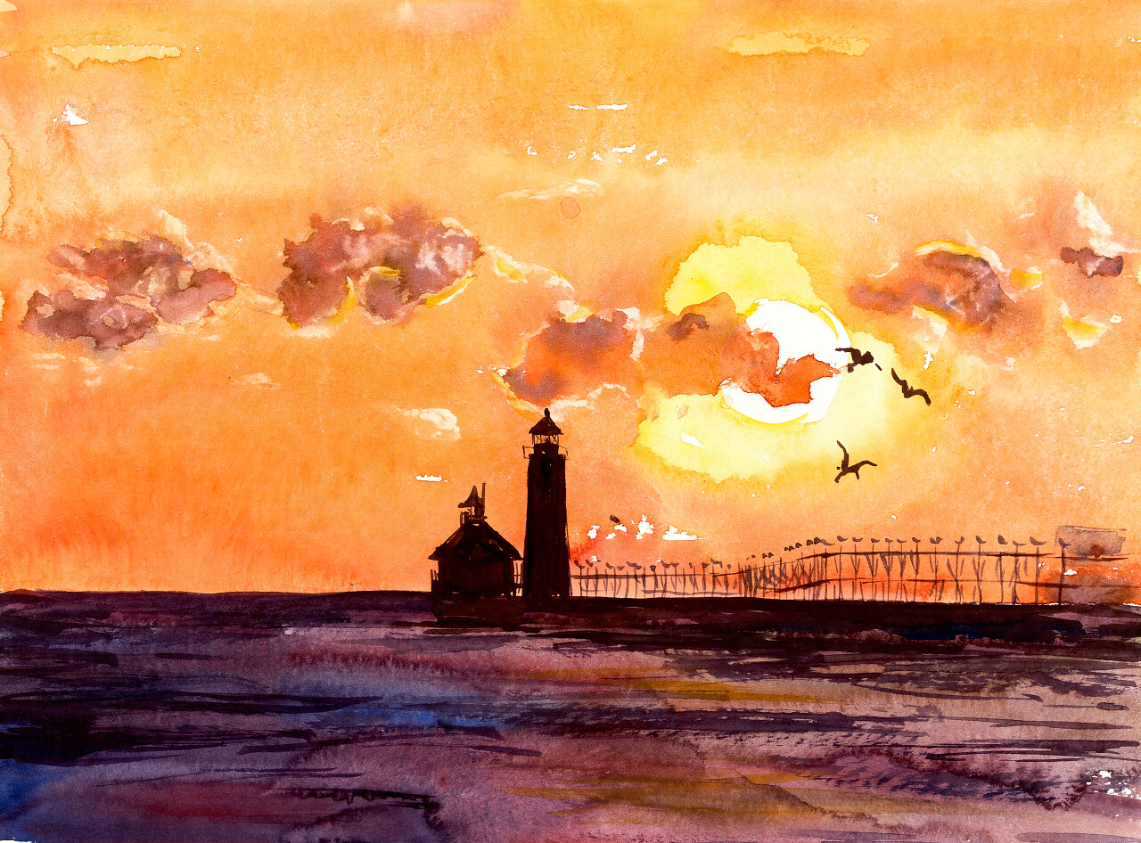 黄昏时分信标和海水彩手绘插图