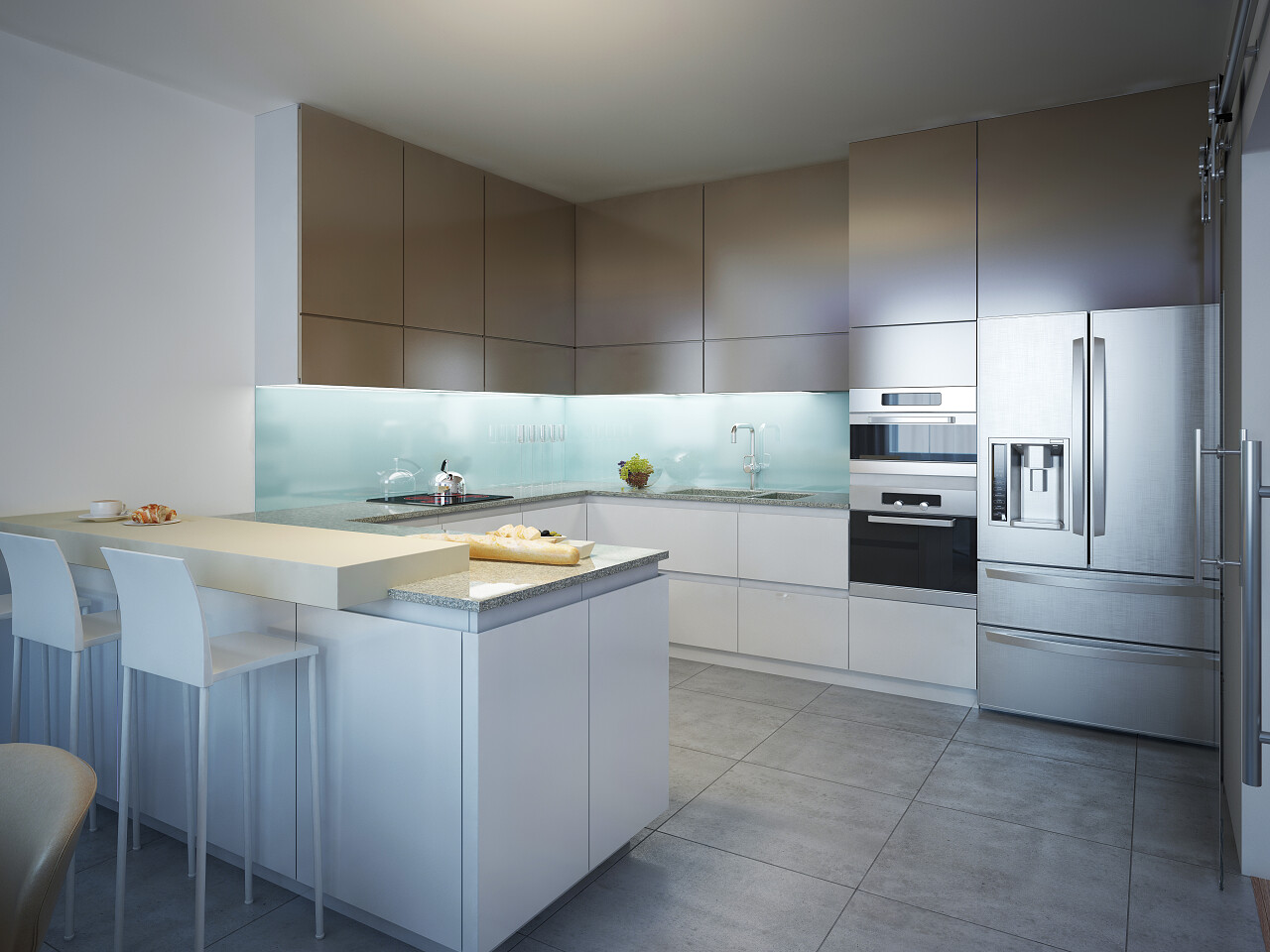 明亮的厨房里有餐柜洗碗池冰箱等简约风格的装修