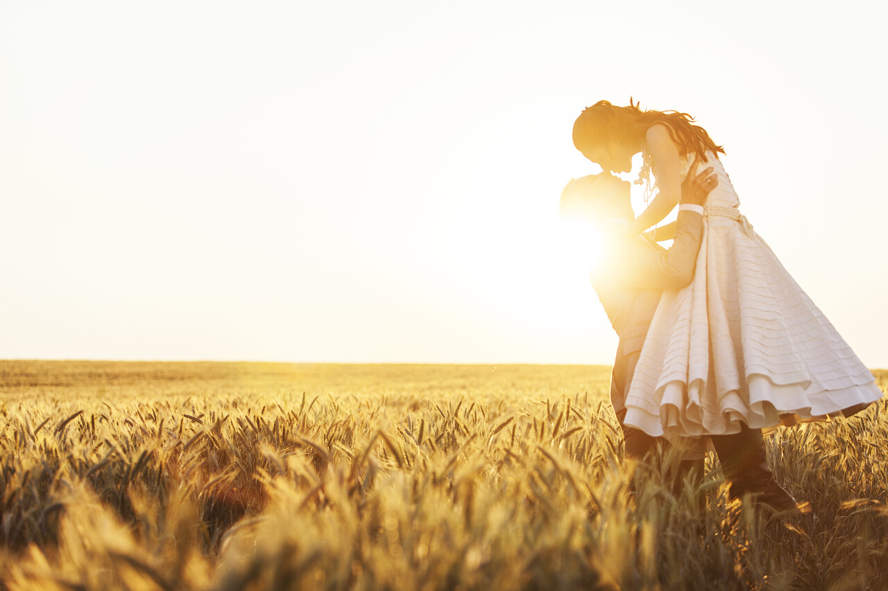 日落下新婚夫妻在麦田上相互拥抱接吻幸福婚姻情侣幸福情侣幸福的人