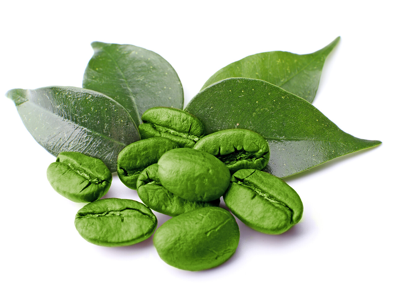 白色背景上有咖啡豆和叶子