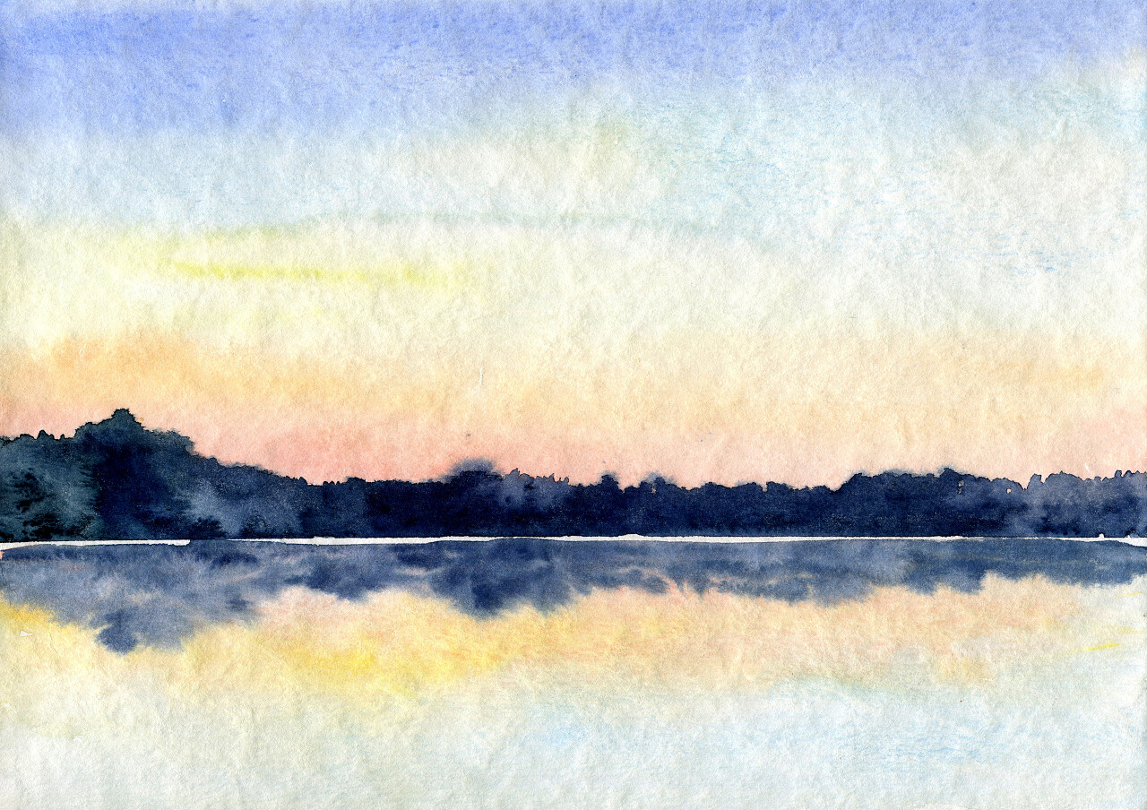 日落下山倒映在湖里的抽象水彩景观