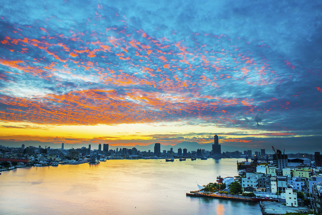 美丽夕阳下的城镇和湖水台湾旅游