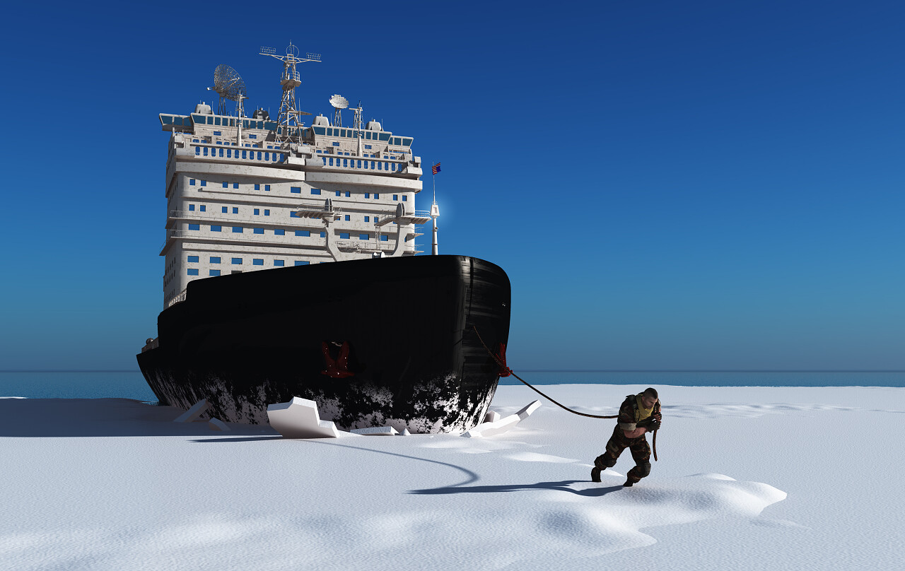 男人拉着绳子后面是一艘船