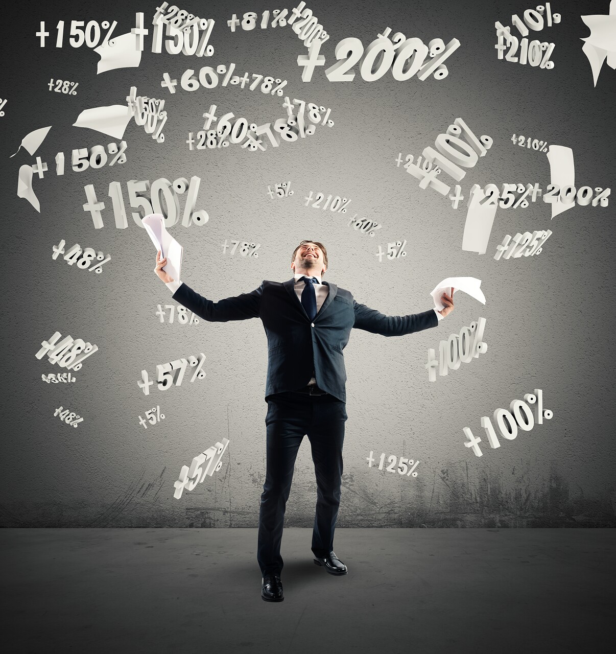 成功商人的欢喜与数字百分比背景效率提升业绩业绩上涨
