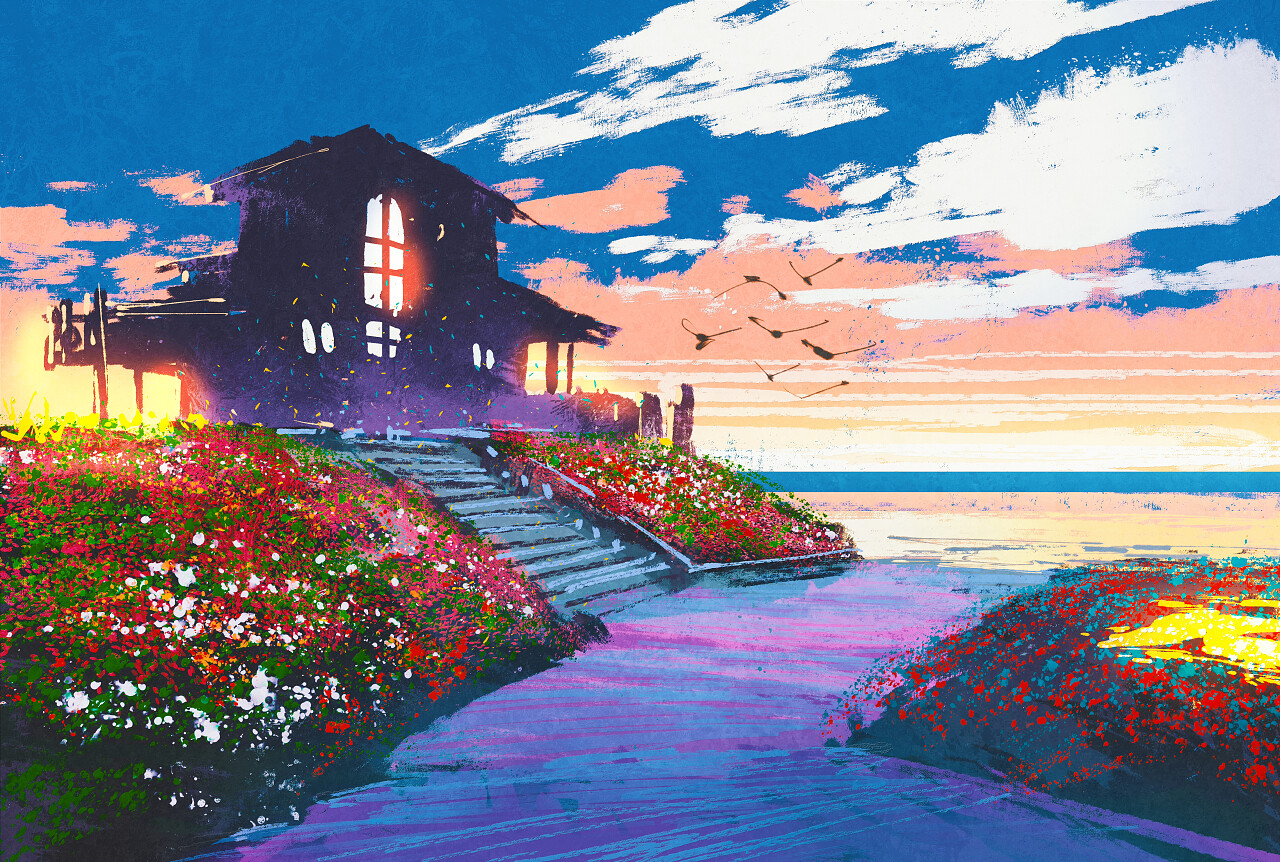 海滩小屋与五颜六色的花园插画背景