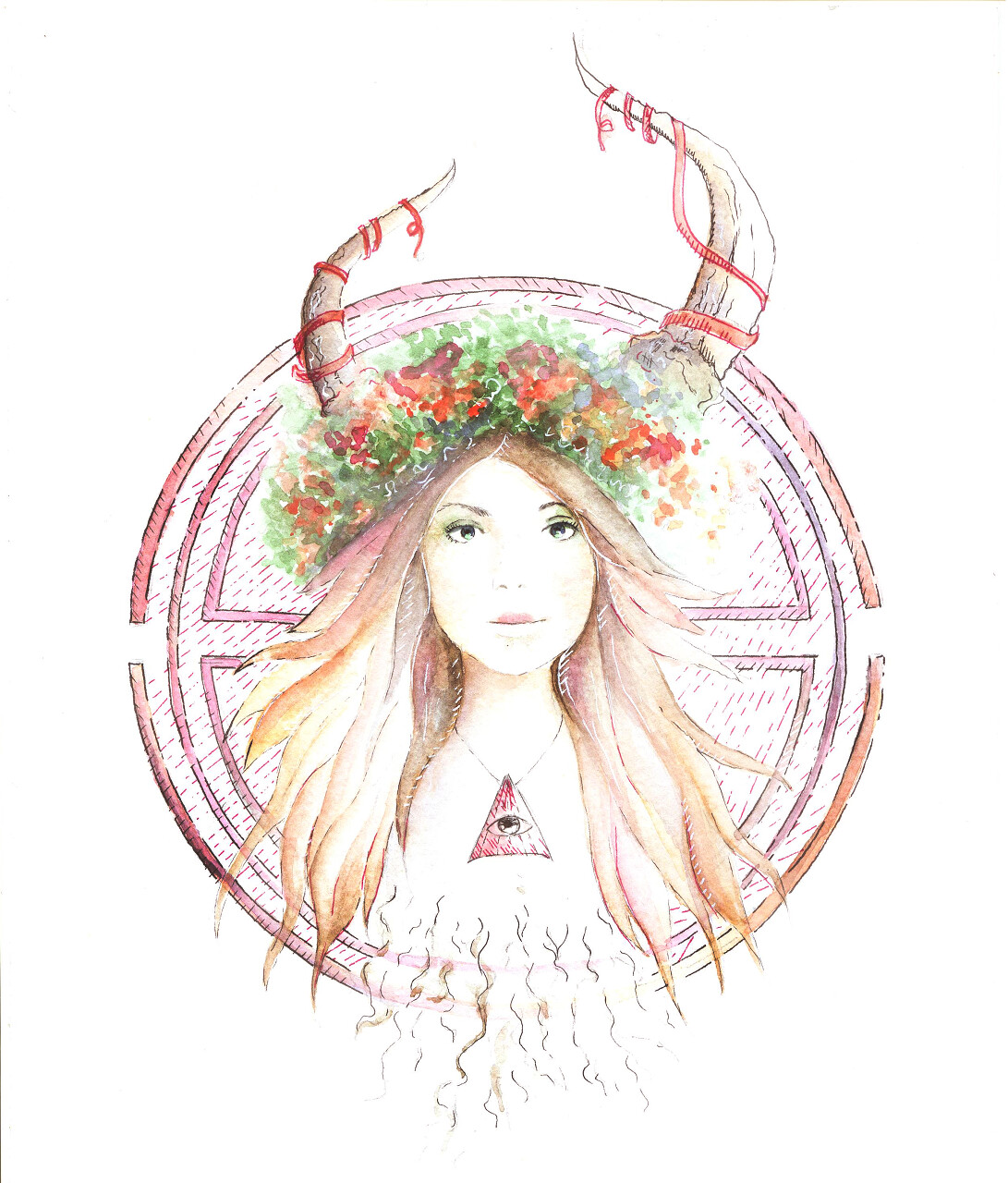 绘画长着角的少女带着护身符和花环