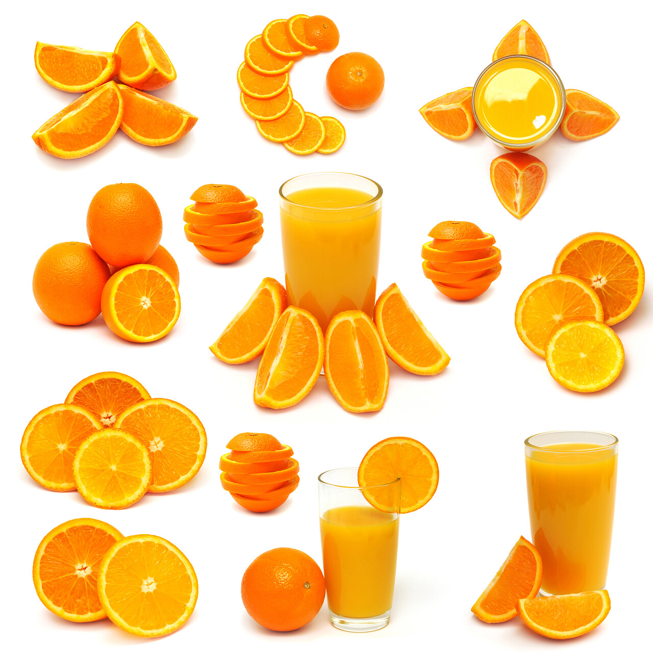 脐橙果实果汁维生素C片的集合在白色背景上的橙色水果