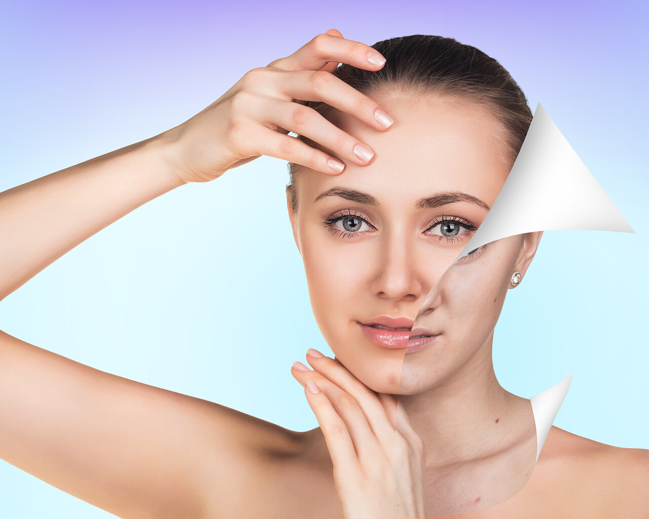 白色背景上年轻女子的美容护理前后肖像图