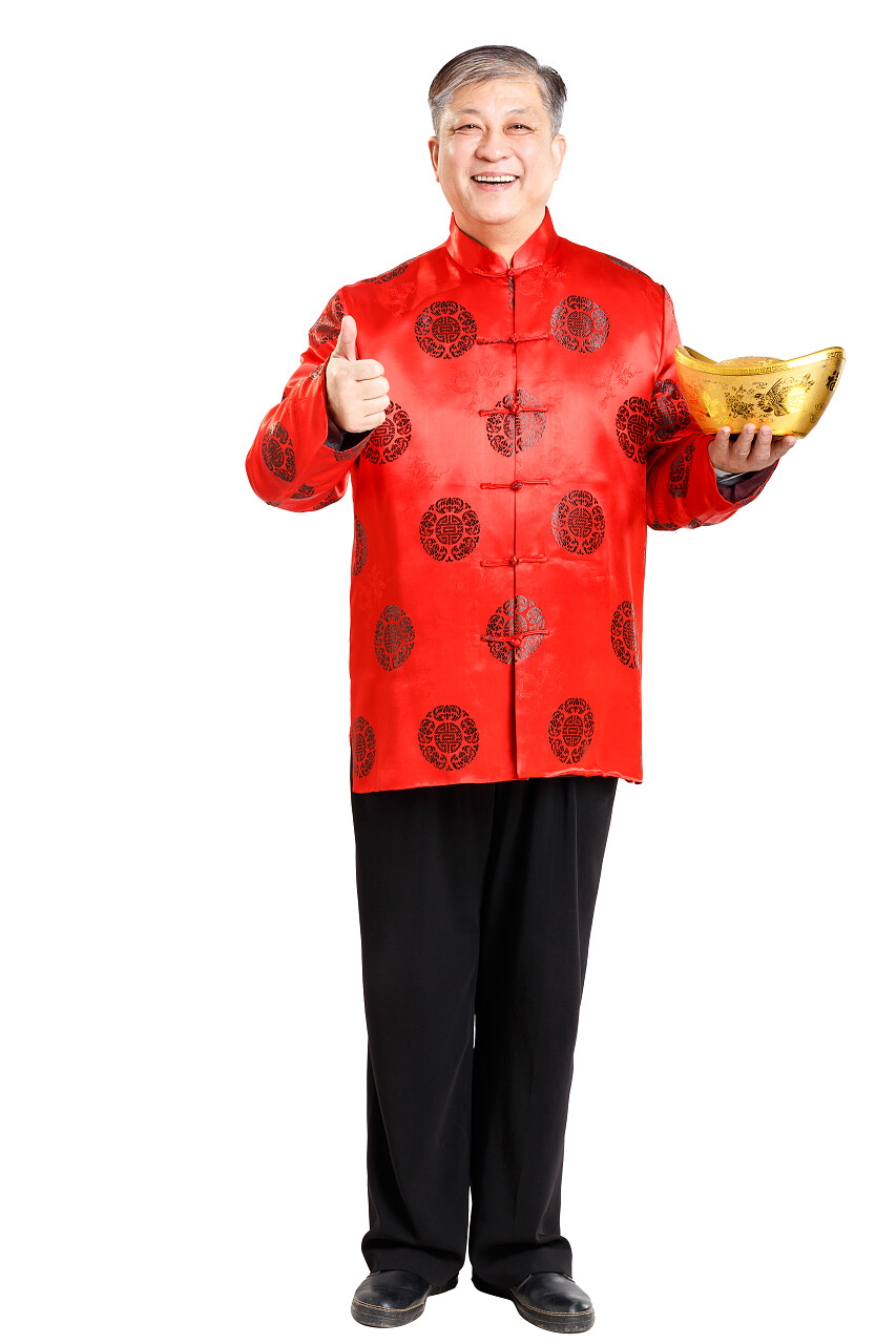 白色背景上微笑的中国老人新年习俗拜年