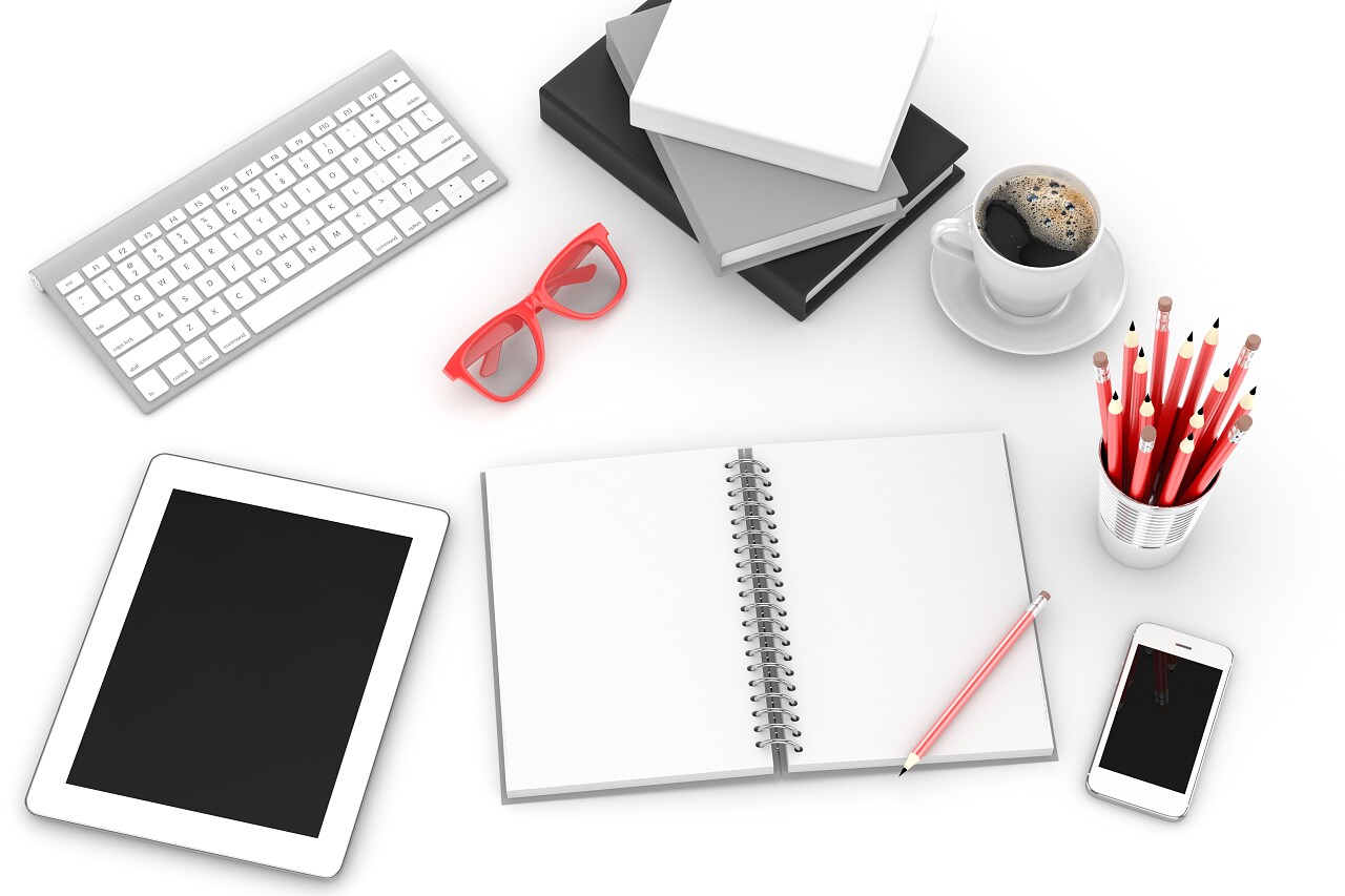 白色背景上的办公用品顶视图插图