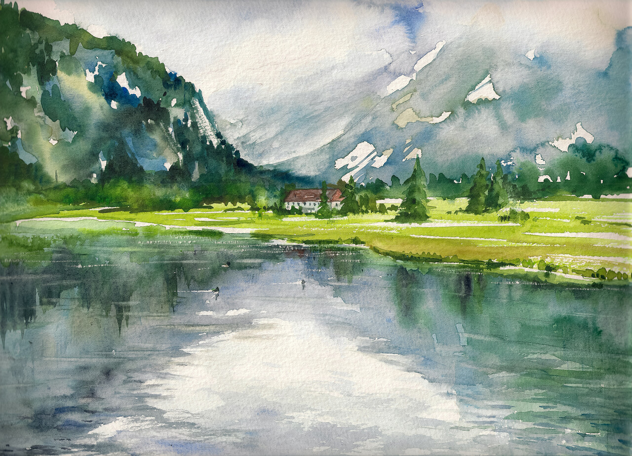 高山湖泊的秋景水彩画