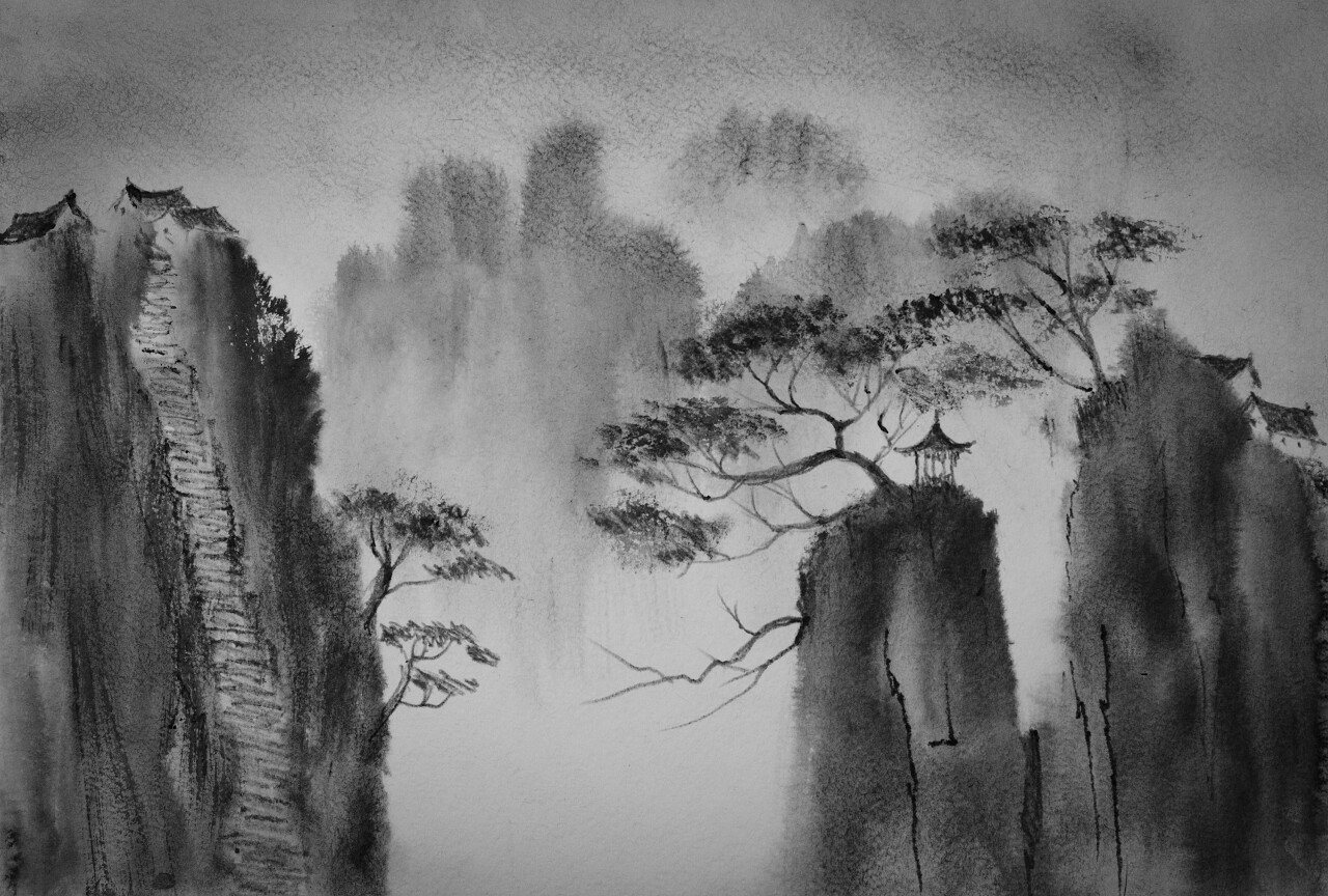 雾气缭绕的一幅山水水墨画