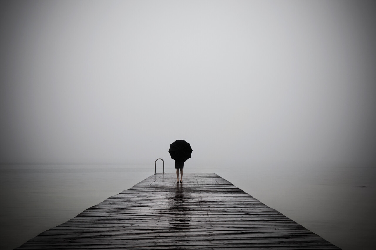 优雅的女人拿着黑色雨伞在朦胧的风景里