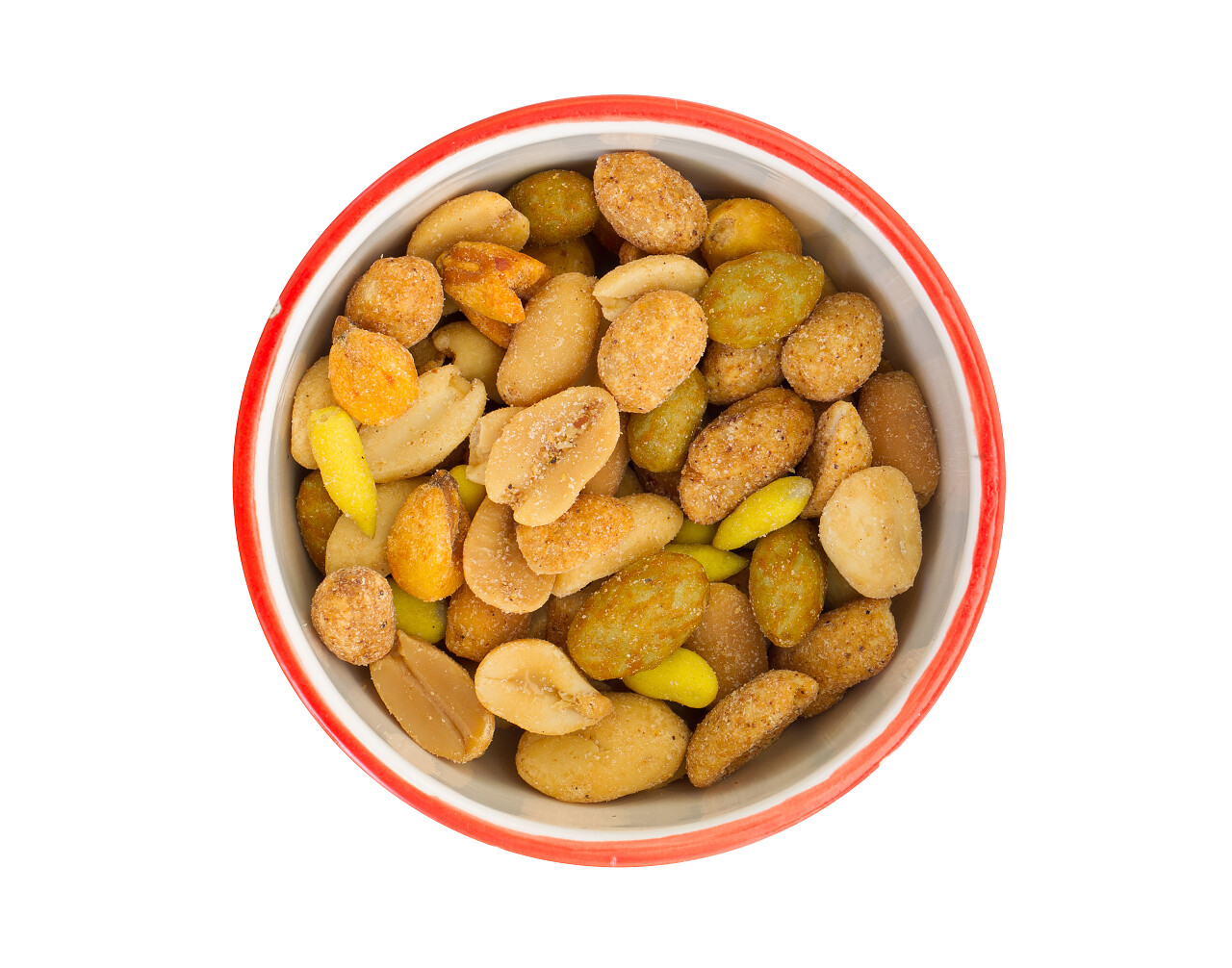 白色背景下一盘花生等各种坚果