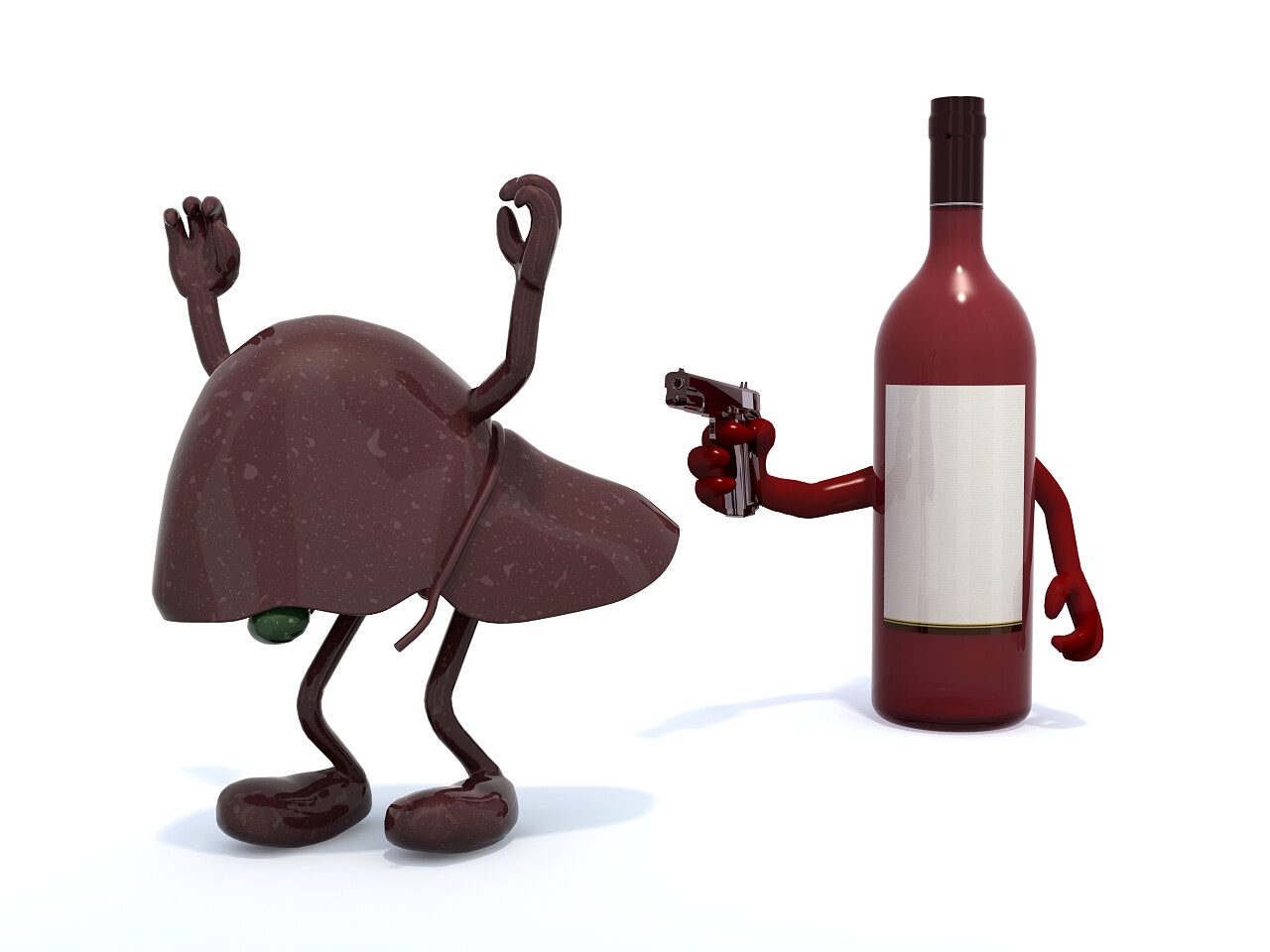 白色背景下指着人类肝脏的3D红色葡萄酒瓶