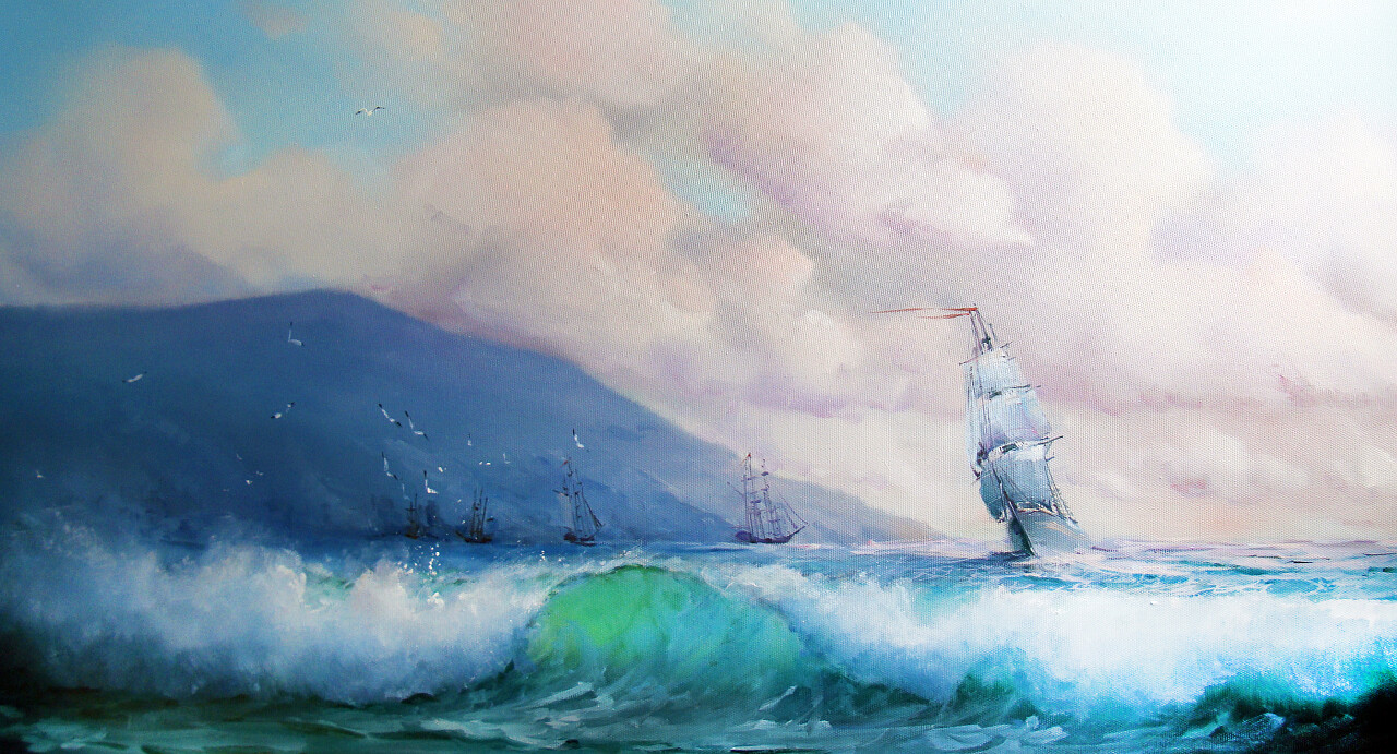 室内手绘出色的蓝色波浪观景图