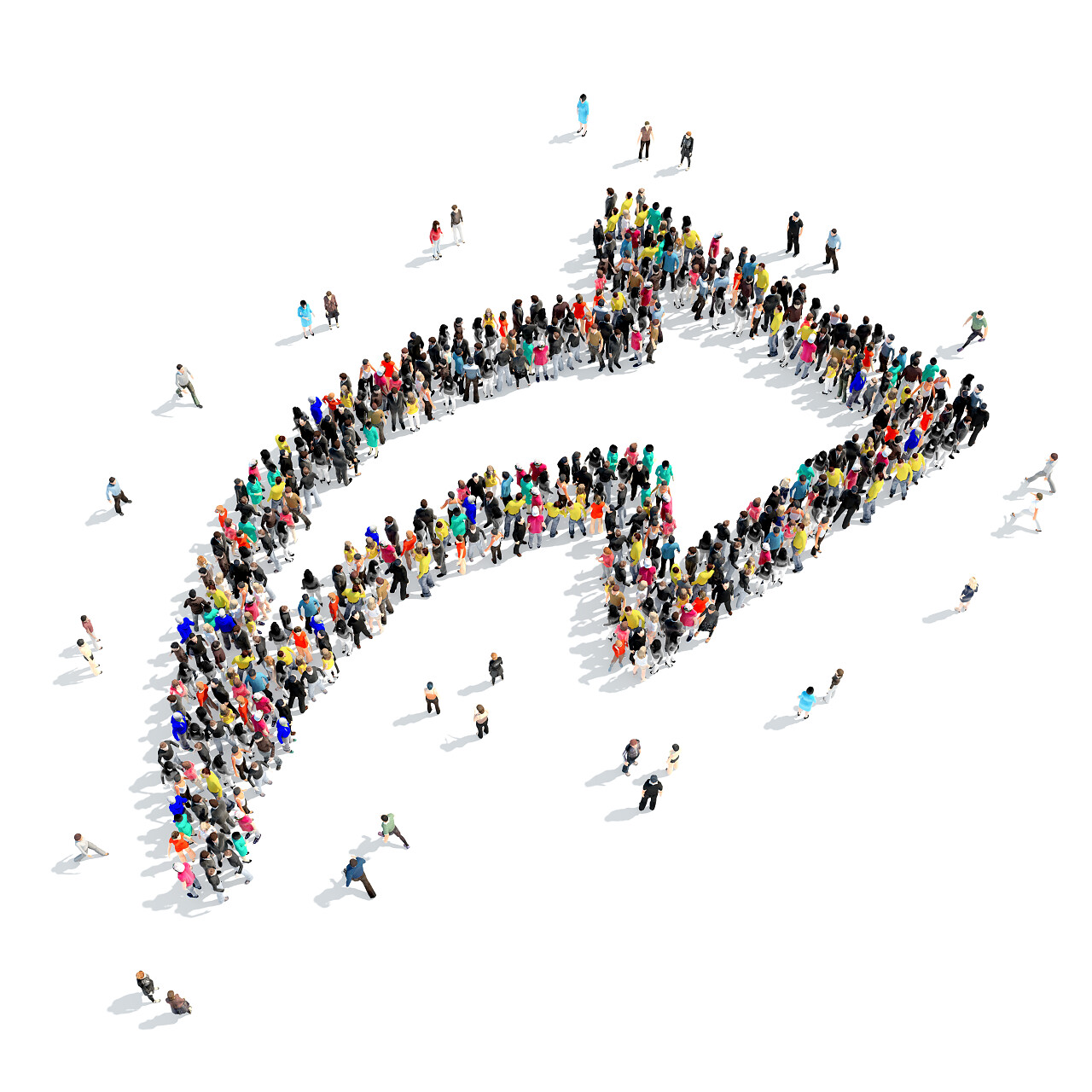 3d白色背景下形似一支箭的一大群人