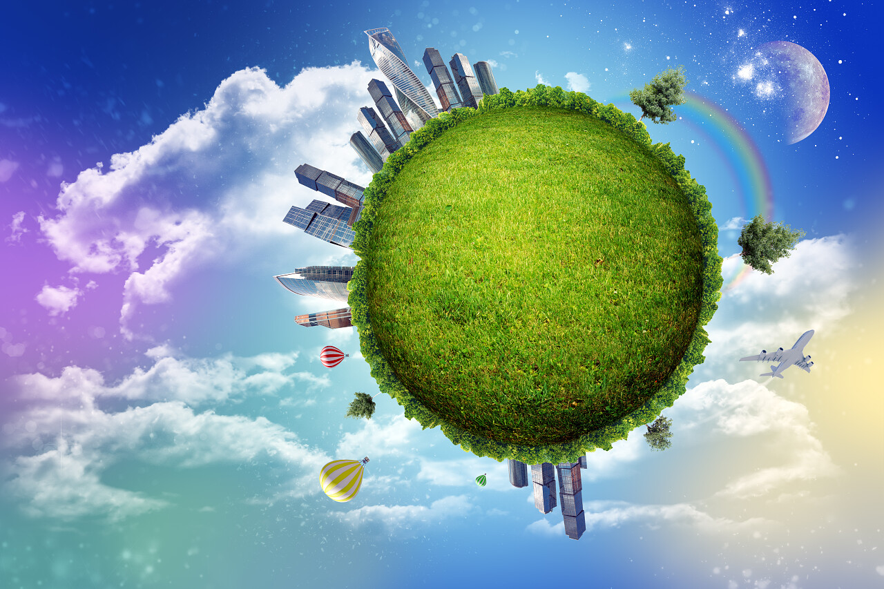 彩色的天空下展示三维现代城市理念的城市风光