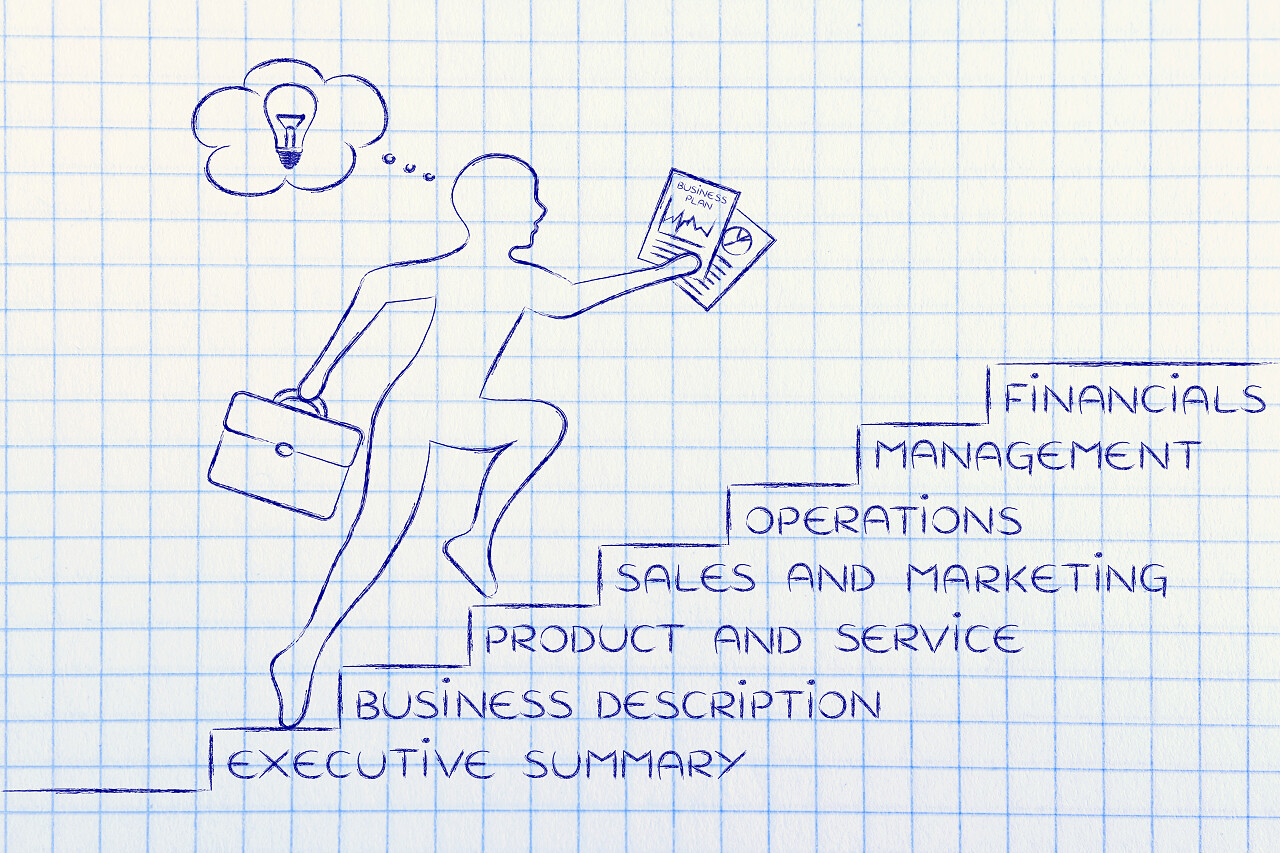 蓝色格子背景下一步一台阶向上的企业家