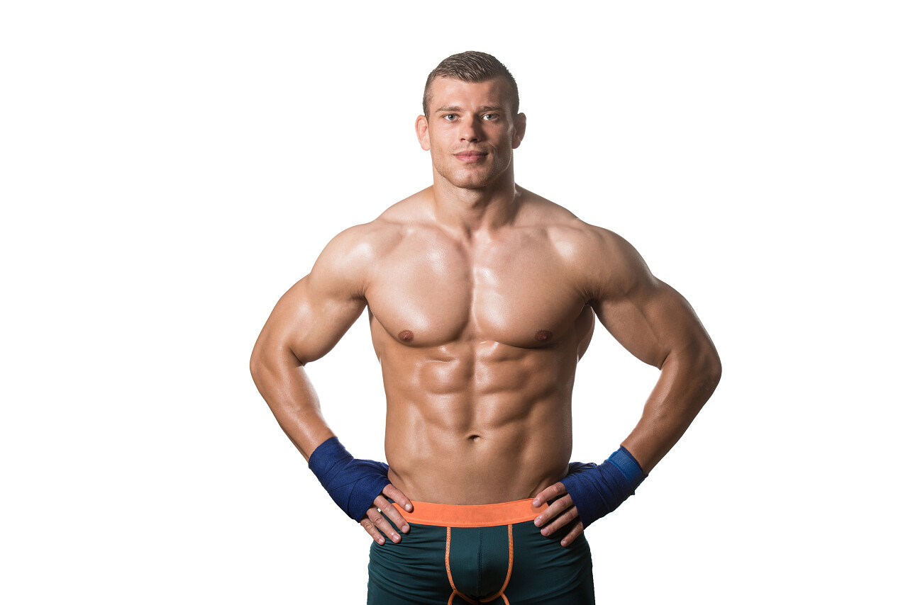 白色背景上孤立的肌肉发达拳击手拳击手健身运动拳击