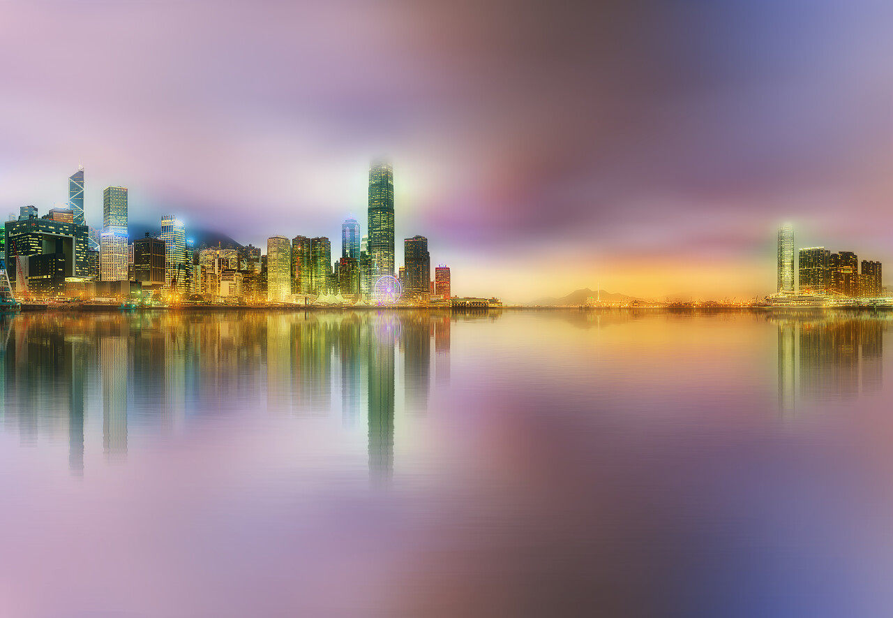 香港岛天际线和金融区的夜晚全景插画香港旅游