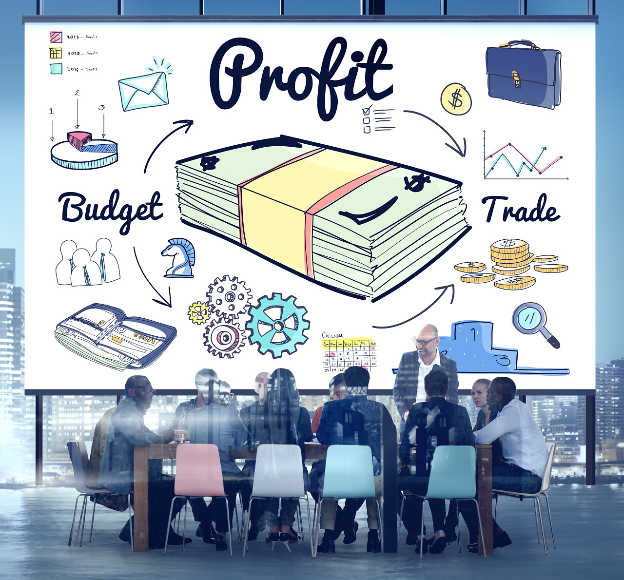 办公室里正在讨论公司的收益情况