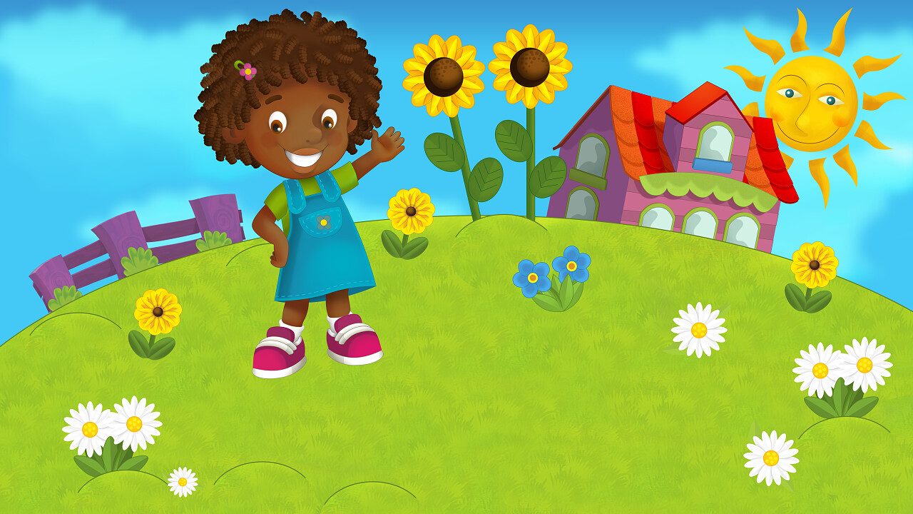 清晨在草坪上玩耍的小女孩