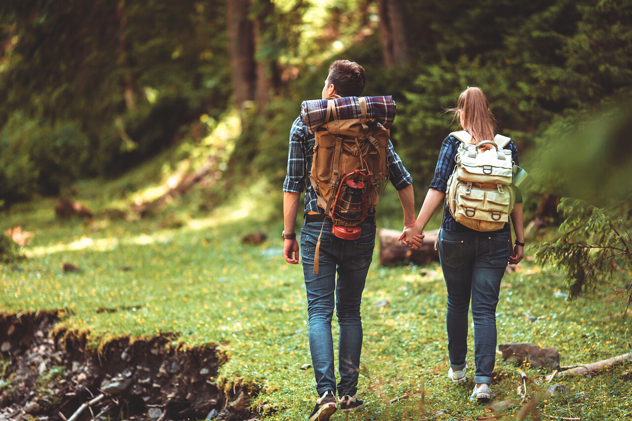 绿色唯美自然阳光投射的森林一男一女情侣两个人人物风景幸福情侣幸福的人图片