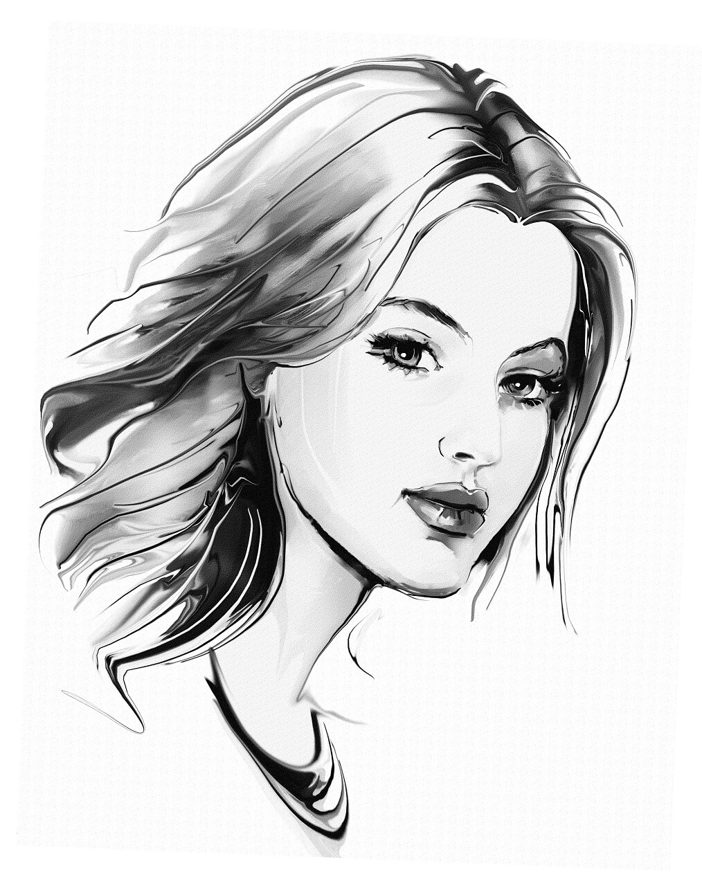 手绘图人物肖像年轻漂亮女人黑白插图