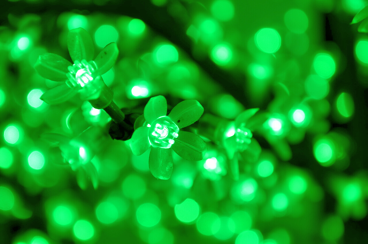 模糊背景圣诞装饰绿花灯泡绿色光点