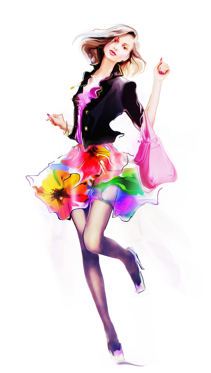 时装插画手绘图人物肖像年轻漂亮女人彩色插图