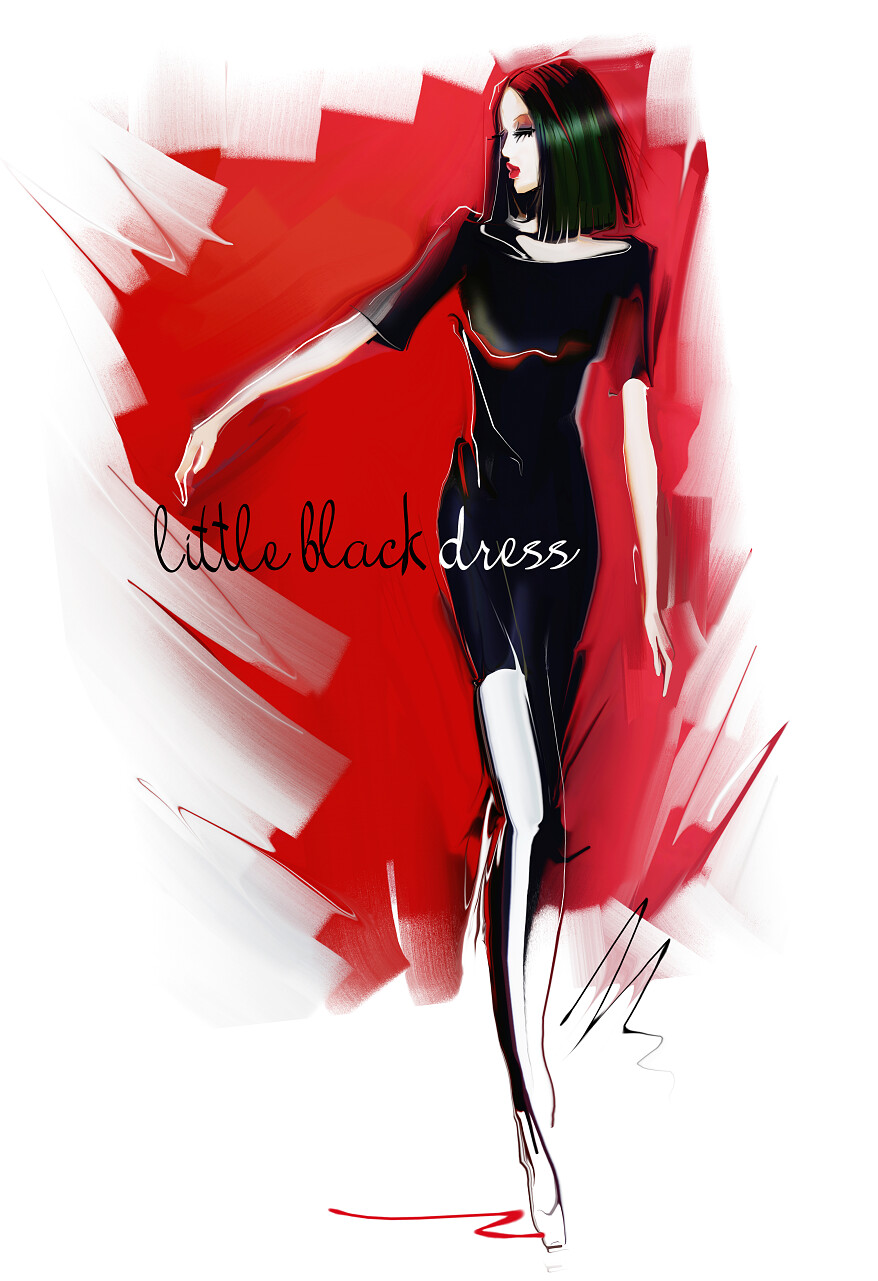 时装插画手绘图人物肖像年轻漂亮女人彩色插图