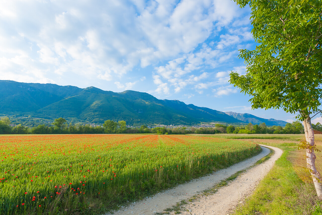 蓝天田园风白云下山峰草地田野自然风景图
