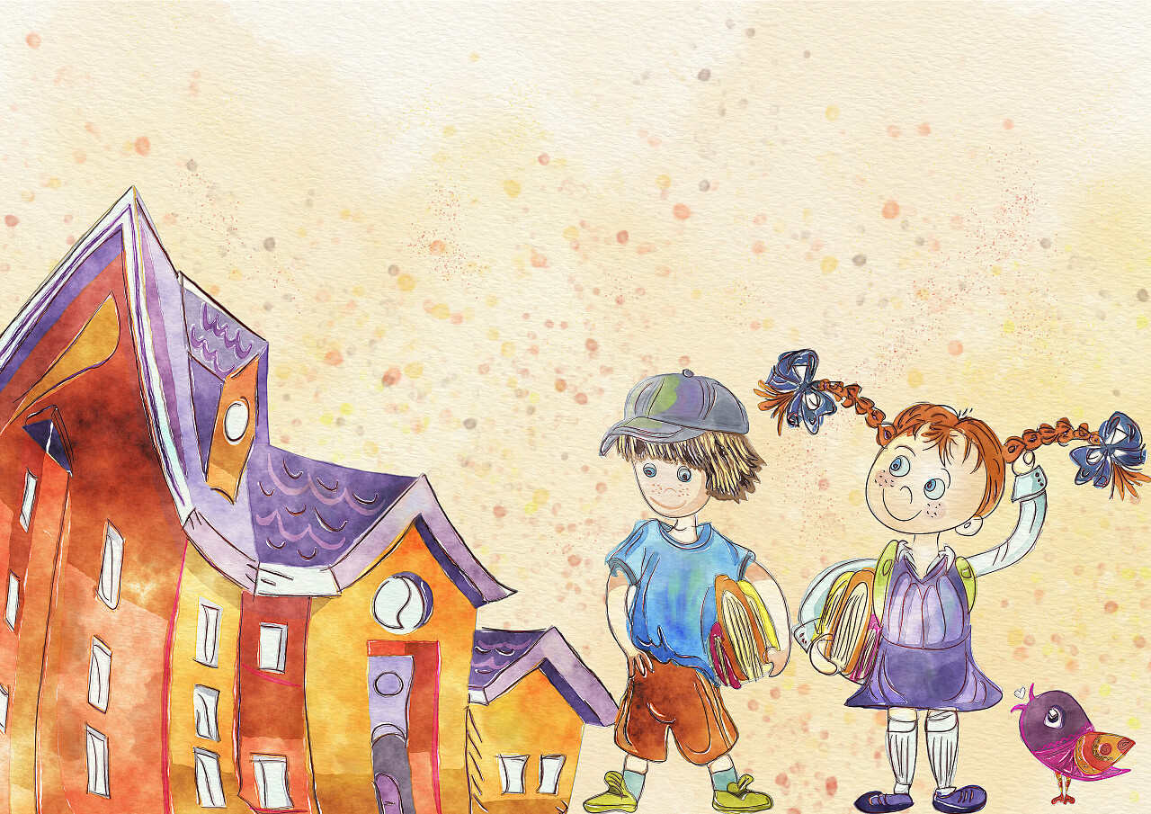 水彩绘画插图快乐的孩子上学去学校美好校园