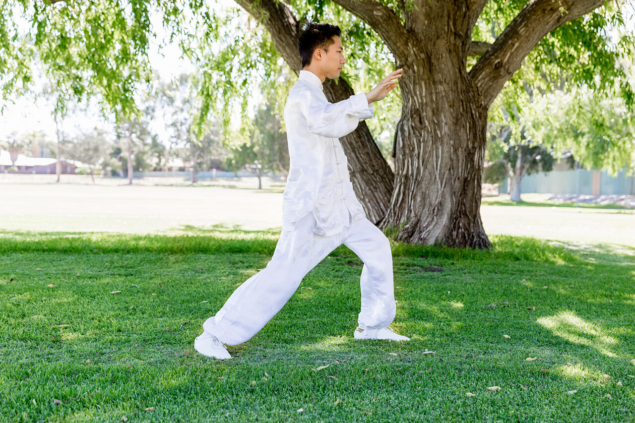 太极武术打太极白色练功服公园晨练
