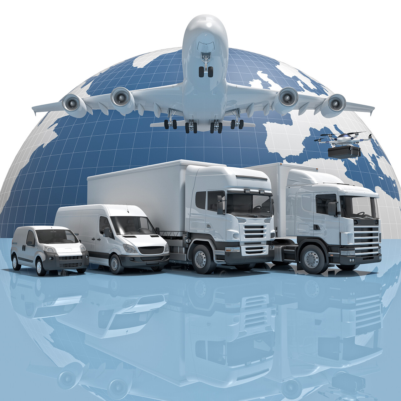 智慧城市交通飞机快递很多客车白色客车火车运输行驶中的白色大货车智慧物流平台国际物流配送空运