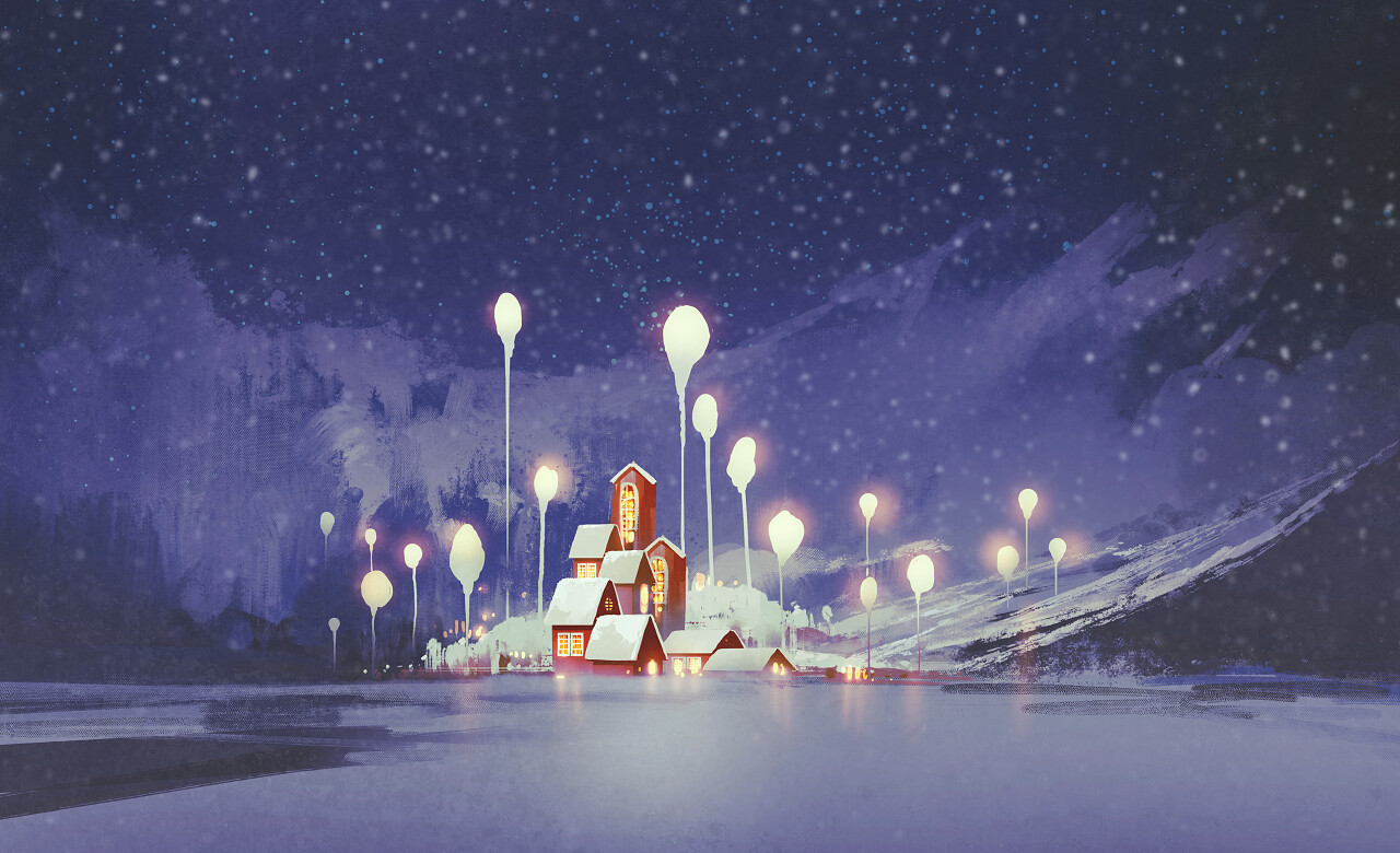 插图绘画村庄树木冬季雪花下雪灯光景观
