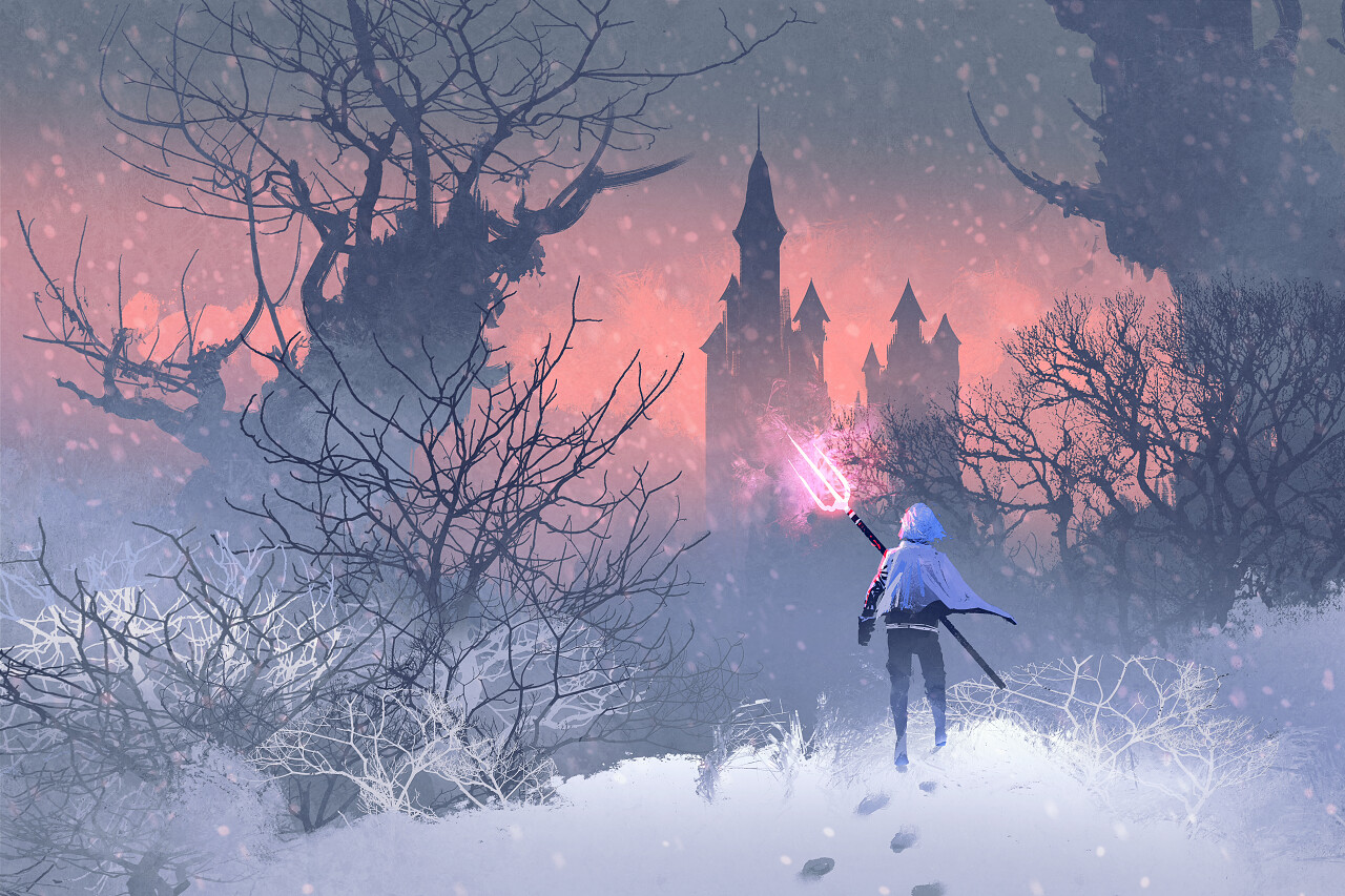 骑士战士冬季景观冬天冬季冬雪地下雪插图绘画三叉戟